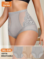 3pcs High-Waisted Tummy Control Panties for Women plus Size Breathable Mele Mesh Lace Trim Soft Stretchy Summer Underwear