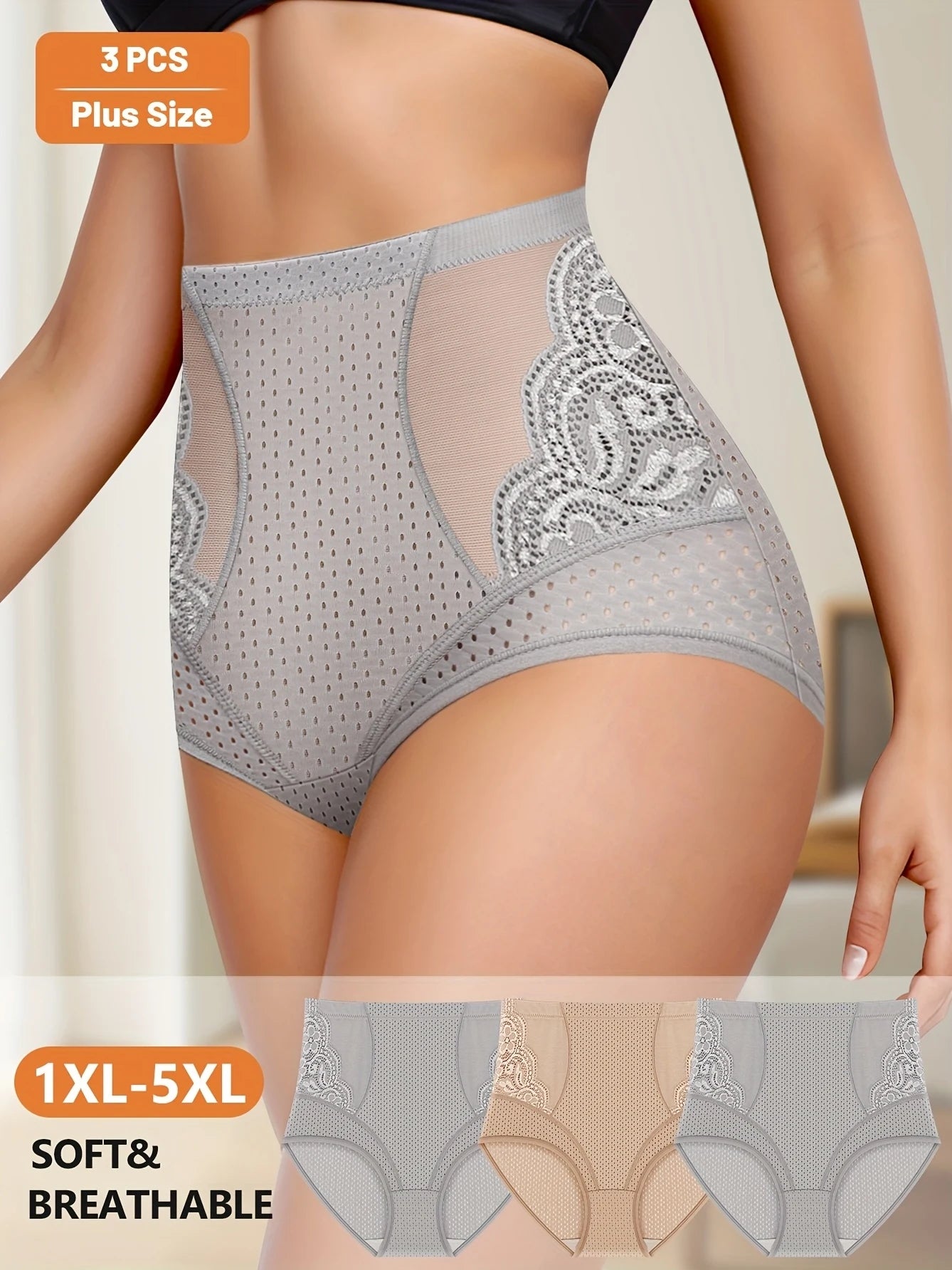 3pcs High-Waisted Tummy Control Panties for Women plus Size Breathable Mele Mesh Lace Trim Soft Stretchy Summer Underwear