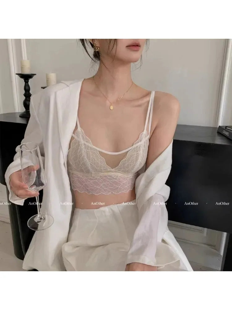 Sexy Lace Bralette No Underwire | French Triangle Cup Bra | Summer Thin Breathable for Women | Slimming Strappy Back Lingerie
