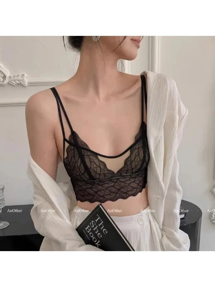 Sexy Lace Bralette No Underwire | French Triangle Cup Bra | Summer Thin Breathable for Women | Slimming Strappy Back Lingerie