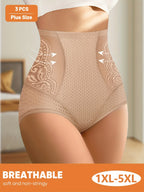 3pcs High-Waisted Tummy Control Panties for Women plus Size Breathable Mele Mesh Lace Trim Soft Stretchy Summer Underwear