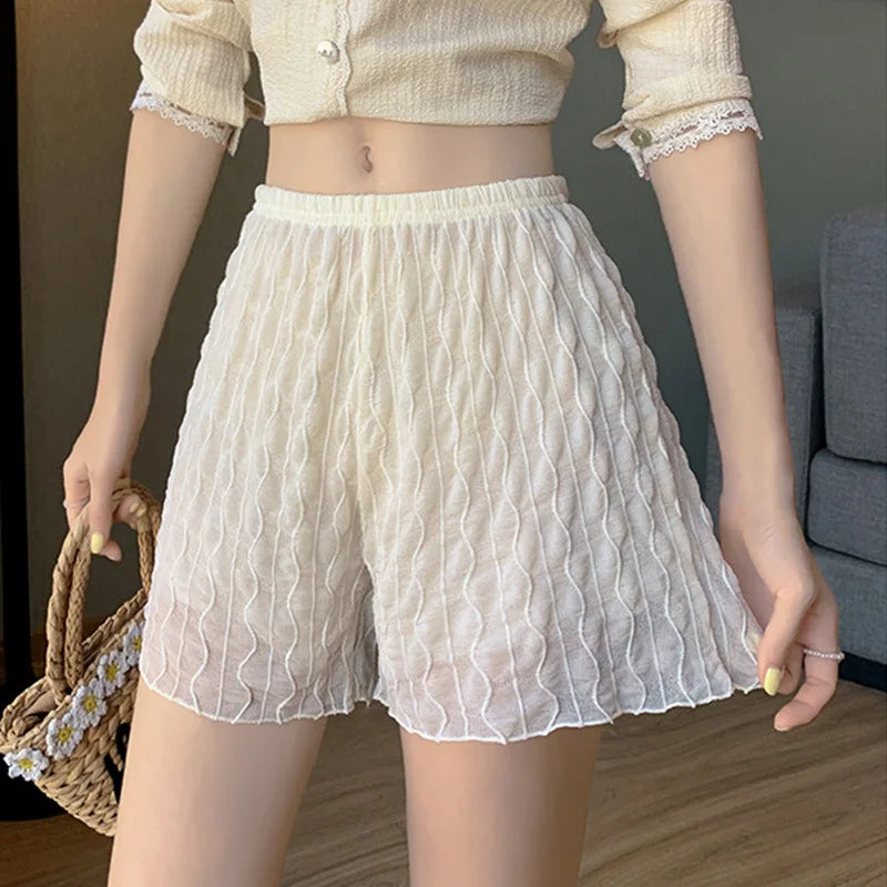 Women Safety Short Pants Soft Lace Female Double Layer Mesh Shorts Solid Color Thin Underpants Elastic Lady Elegant Clothing