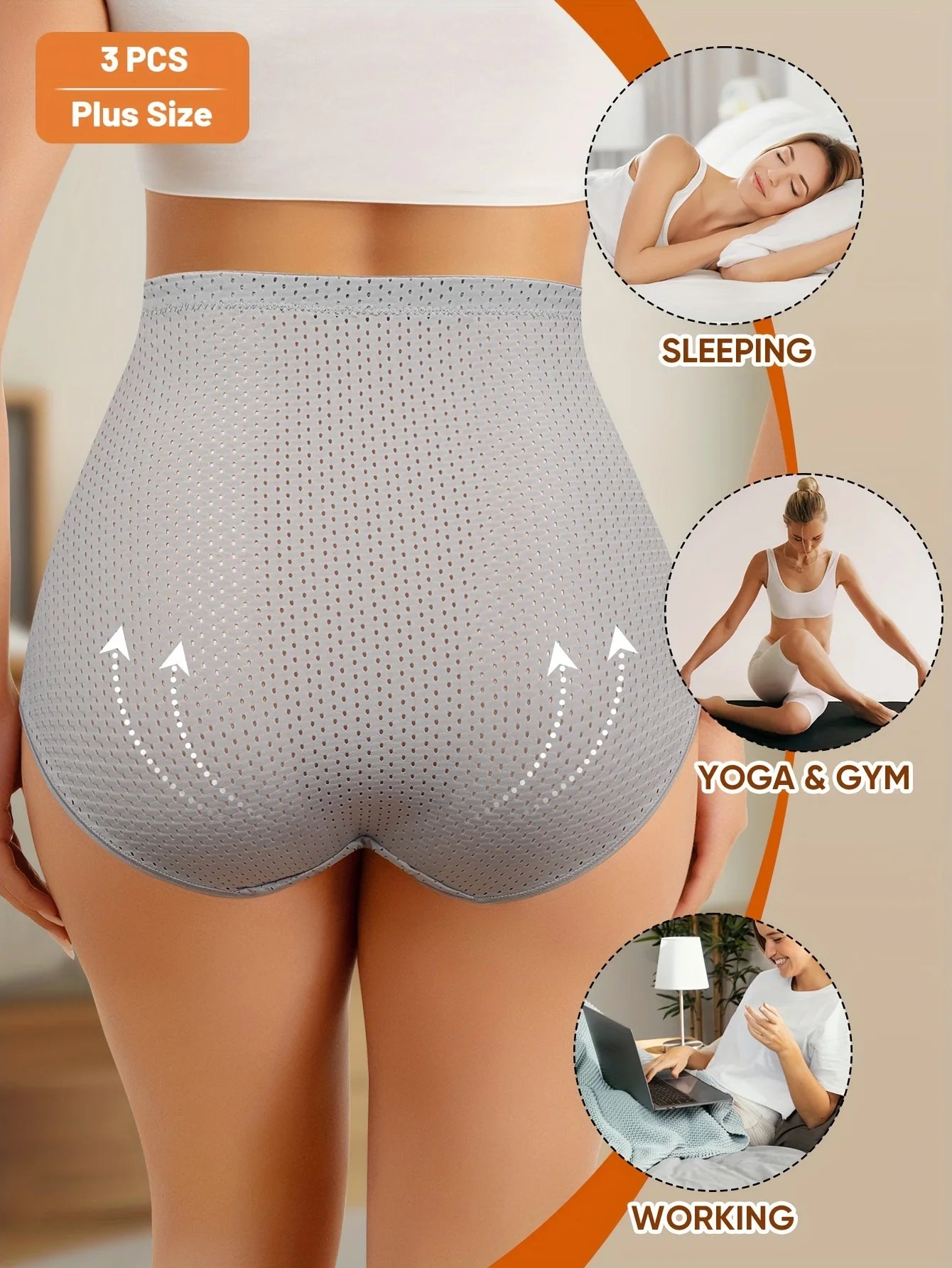 3pcs High-Waisted Tummy Control Panties for Women plus Size Breathable Mele Mesh Lace Trim Soft Stretchy Summer Underwear